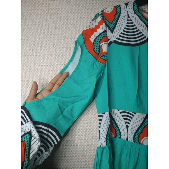Beautiful abstract Teal summer maxi dress With Cold Shoulder Sleeves Size XL - Picture 5 of 10